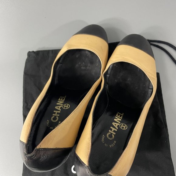 Authentic Chanel Tan and Black Cap-Toe Pumps,  Size 36 - Picture 11 of 12